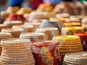 Many Wicker Baskets on Handicraft Market, New Wickerwork, Hand Made Basket, Bamboo Containers