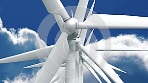 Many wind power generators on sky background.