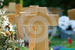 wooden crosses in a pauper\'s cemetery photo