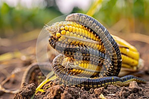 Many Worms Eats Corn Cobs on Corn Field, Hungry Caterpillars Eats Corn Cob, Fall Armyworm