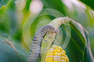 Many Worms Eats Corn Cobs on Corn Field, Hungry Caterpillars Eats Corn Cob, Fall Armyworm