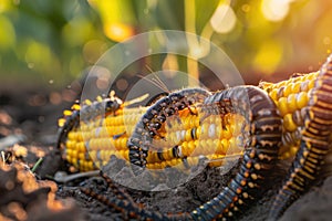 Many Worms Eats Corn Cobs on Corn Field, Hungry Caterpillars Eats Corn Cob, Fall Armyworm