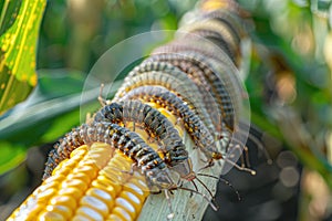 Many Worms Eats Corn Cobs on Corn Field, Hungry Caterpillars Eats Corn Cob, Fall Armyworm
