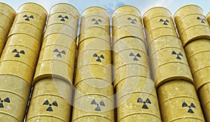 Many yellow barrels with nuclear radioactive waste. 3D rendered illustration