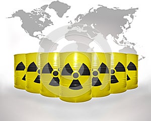 Many yellow barrels with sign of radiation on the world map background