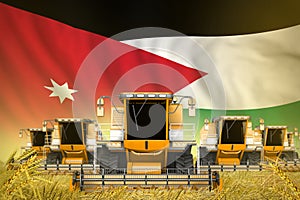 Many yellow farming combine harvesters on farm field with Jordan flag background - front view, stop starving concept - industrial