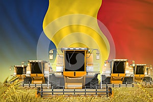 Many yellow farming combine harvesters on grain field with Romania flag background - front view, stop starving concept -