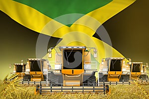 Many yellow farming combine harvesters on wheat field with Jamaica flag background - front view, stop starving concept -