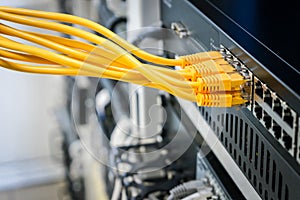 Many yellow internet wires connect to the network switch in the server room.  Information technology concept. Utp cable connects