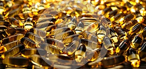 Many yellow Vitamin D, Fish Oil, Omega-3 capsules in sunshine light on table. Soft Fish Oil, Vitamin D supplements