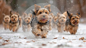 many yorrkshire puppies playing in the snow