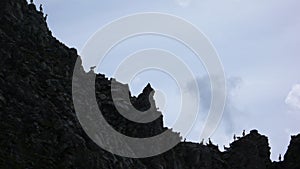 Many young ibex or alpine mountain goat standing in silhouette on a jagged mountain ridge