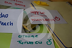 Manzana write on a sticky note isolated on Office Desk. Learning Spanish Language concept photo