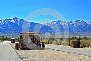 Manzanar Japanese Relocation Center National Historic Site with Guard Houses and Sierra Nevada, Eastern California