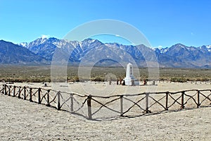 Manzanar Relocation Center National Historic Site with Japanese Memorial and Sierra Nevada, California