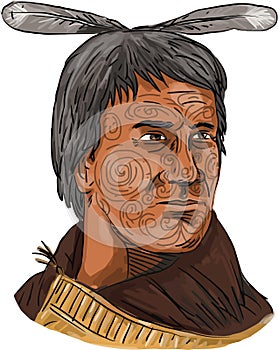 Maori Chief Warrior Bust Watercolor