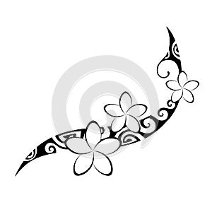 Maori style tattoo. Ethnic decorative oriental ornament with Frangipani Plumeria flowers.