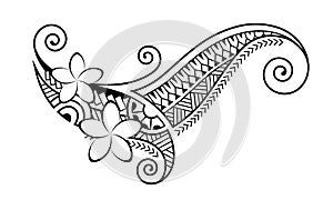 Maori style tattoo. Ethnic decorative oriental ornament with Frangipani Plumeria flowers.