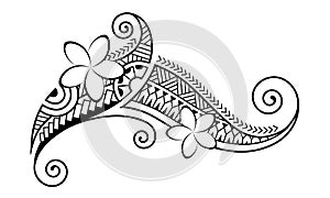 Maori style tattoo. Ethnic decorative oriental ornament with Frangipani Plumeria flowers.