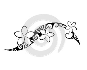 Maori style tattoo. Ethnic decorative oriental ornament with Frangipani Plumeria flowers.