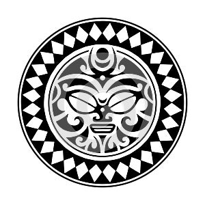 Maori style tattoo sketch. Round ornament with sun face