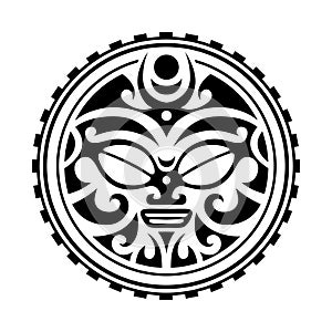 Maori style tattoo sketch. Round ornament with sun face.