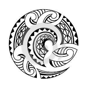 Maori tattoo style swirl round circle ornament. Fish hook.