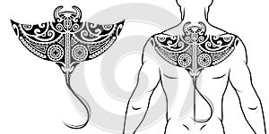 Maori tribal style tattoo pattern with manta ray fit for a back, chest. With example on body.