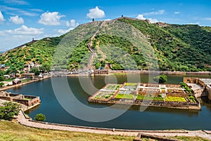 Maota Lake and Gardens of Amber Fort in Jaipur, Rajasthan, India