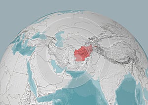 Map of Afghanistan on a planisphere, mountain reliefs and sea bathymetry. Physical borders