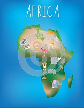 Map of Africa with cute wildlife and animals