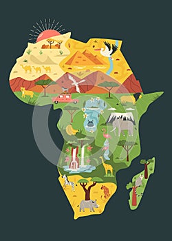 Map of Africa with famous natural landmarks and animals