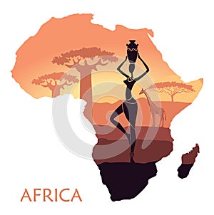 Map of Africa with the landscape of sunset in the Savannah, the woman, a giraffe and baobab. Vector background