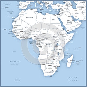 Map of African Continent with names of countries, capitals and cities