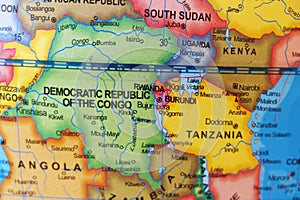 map of african country democratic republic of congo and neighbour nations rwanda, burundi, sudan,uganda, tanzania and angola