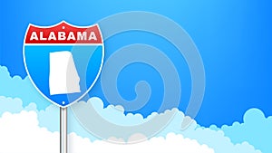 Map of Alabama State United States of America, Alabama outline road sign. Blue glowing outline. Vector illustration.