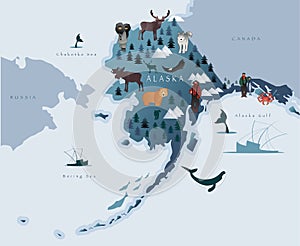 Map of Alaska with animals, eskimos, forests, mountains, hunters, boats, fish and fishermen