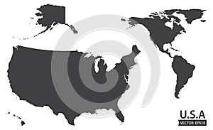 Map of the American continent and the USA including Alaska and Hawaii. Blank similar USA map on white background.