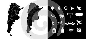 Map of Argentina administrative regions departments, icons. Map location pin, arrow, man, bicycle, car, airplane photo