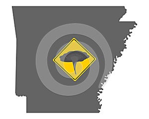 Map of Arkansas and traffic sign tornado warning