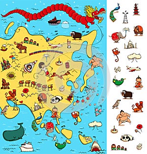 Map of Asia: Big Visual Game. Locate isolated items on a map.