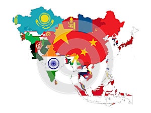 Map of Asia countries with national flags