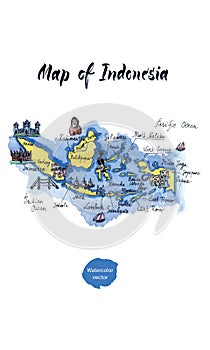 Map of attractions of Indonesia, watercolor hand drawn, vector illustration