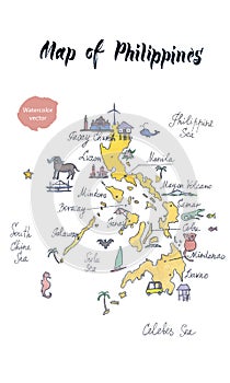 Map of attractions of Philippines, watercolor hand drawn, vector illustration