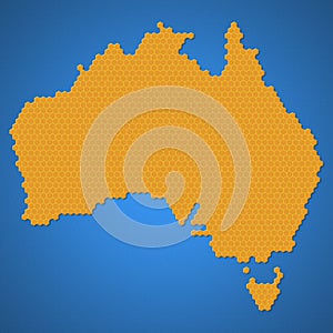 Map of AUS or Australia region continent with honey bee or honeycomb or honey hive shape style With vignette dark border shadow.