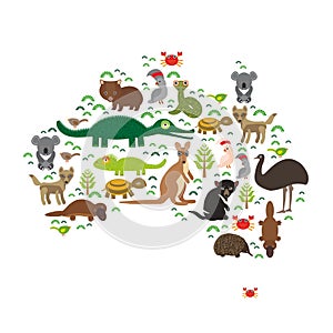 Map of Australia. Echidna Platypus ostrich Emu Tasmanian devil Cockatoo parrot Wombat snake turtle crocodile kangaroo dingo