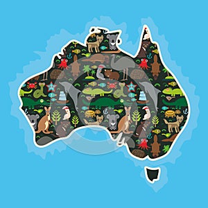 Map of Australia. Echidna Platypus ostrich Emu Tasmanian devil Cockatoo parrot Wombat snake turtle crocodile kangaroo dingo