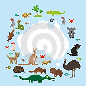 Map of Australia. Echidna Platypus ostrich Emu Tasmanian devil Cockatoo parrot Wombat snake turtle crocodile kangaroo dingo