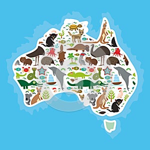 Map of Australia. Echidna Platypus ostrich Emu Tasmanian devil Cockatoo parrot Wombat snake turtle crocodile kangaroo dingo