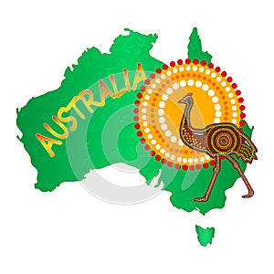 Map of Australia with emu and sun isolated on white background. Australian continent with ostrich.